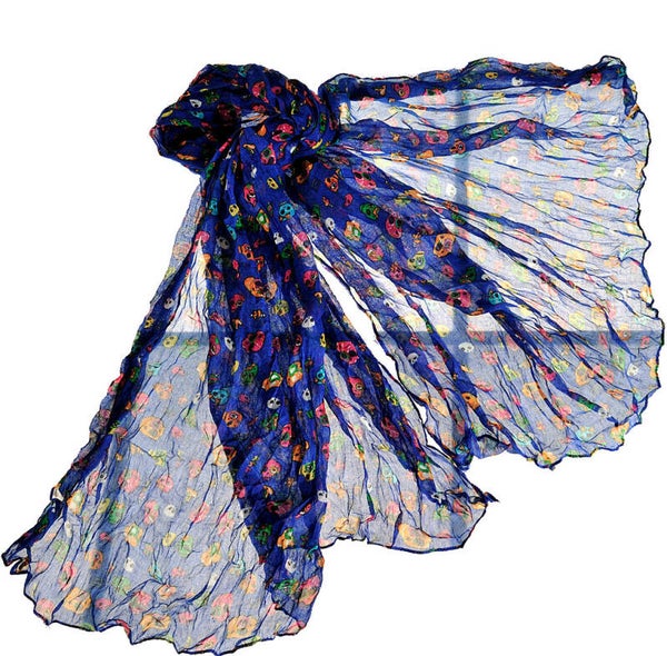 [16062]  Blauwe sjaal met gekleurde skulls