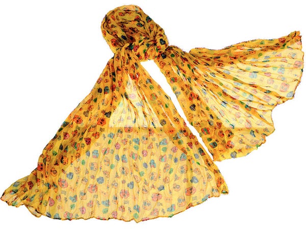 [16067]  Gele sjaal met gekleurde skulls