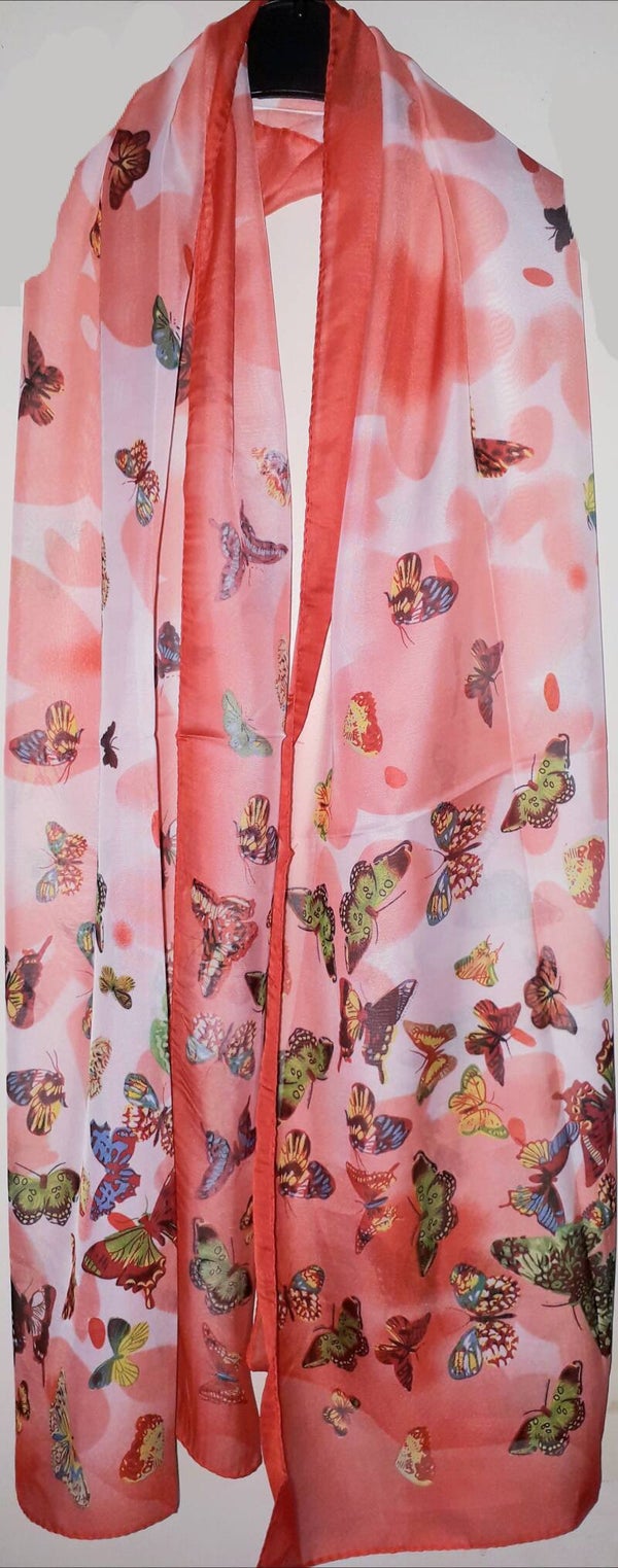 [16073]  Rode sjaal met vlinders