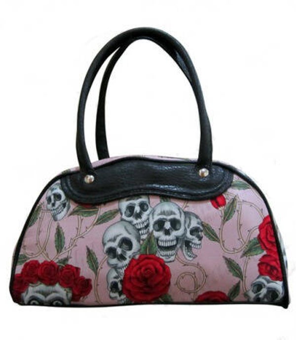 [7120]  Roze bowlingtas met witte skulls en rozen