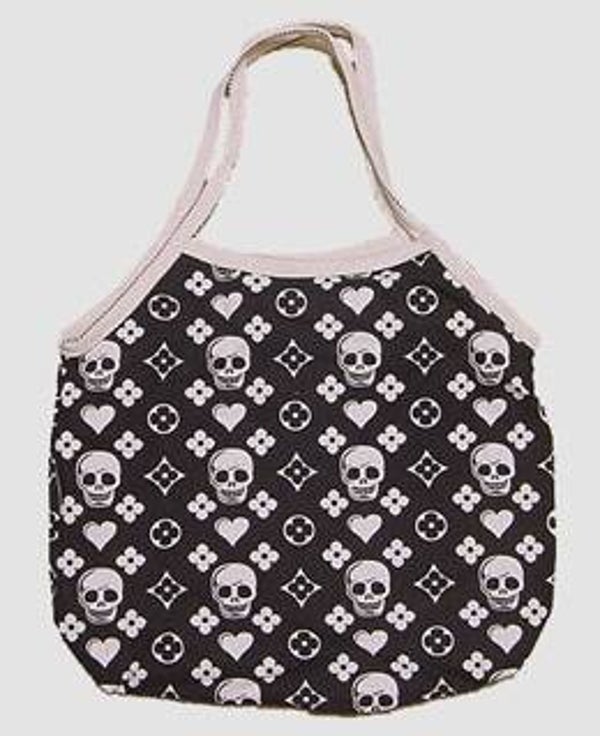 [7149]  Zwarte tas met witte skulls, hartjes en bloemen