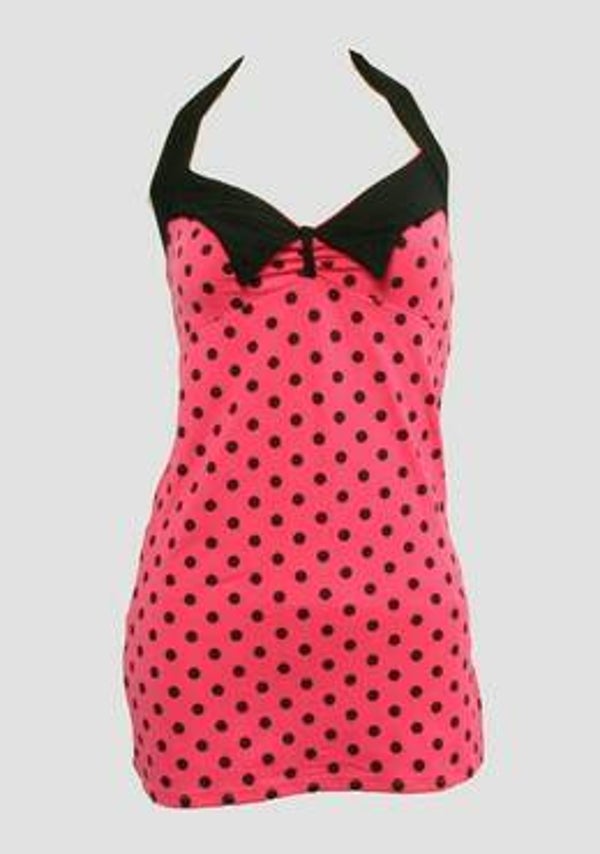 [28023]  Roze haltertop met zwarte stippen