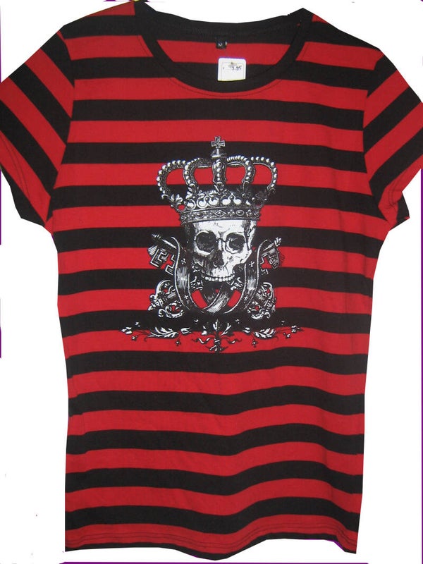 [26028]  Zwart/rood gestreept t-shirt met skull