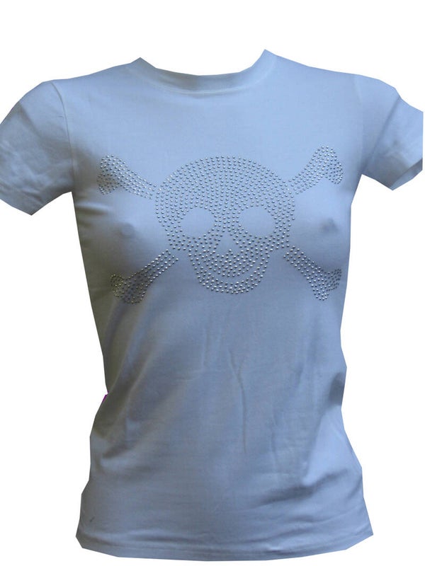 [26032]  Wit streich t-shirt met glitter-skull