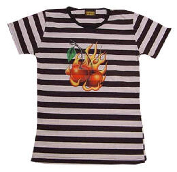 [26033]  Zwart/wit gestreept t-shirt met opdruk