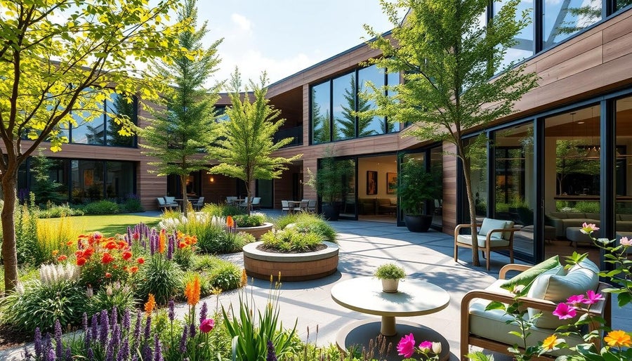 Une résidence intermédiaire sereine et accueillante à Québec, présentant un mélange harmonieux d'architecture moderne et d'environnement naturel, entourée de verdure luxuriante, de fleurs lumineuses et d'arbres; de grandes fenêtres permettant à la lumière