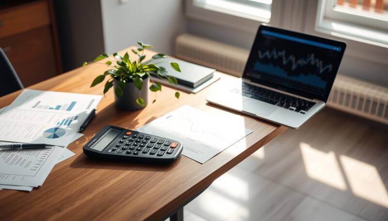 Un espace de travail serein comprenant un bureau en bois orné de documents financiers, une calculatrice et un ordinateur portable affichant des graphiques. Une plante en pot ajoute une touche de verdure, tandis qu'une douce lumière naturelle traverse une 