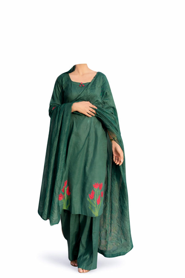 Green Suit with Hand painted pink tulips
