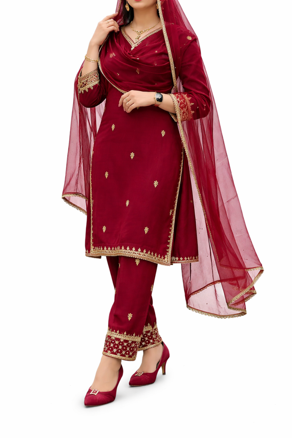 Maroon suit with tilla embriodery