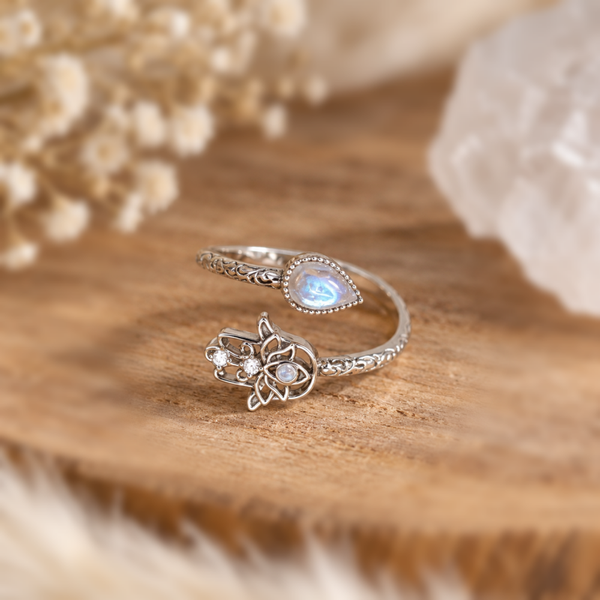 925 Sterling Silber Ring – Hamsa-Hand & Opal-Schimmer