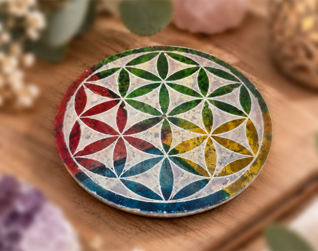 Speckstein Räucherstäbchenhalter „Blume des Lebens“ – bunt