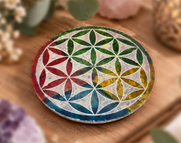 Speckstein Räucherstäbchenhalter „Blume des Lebens“ – bunt