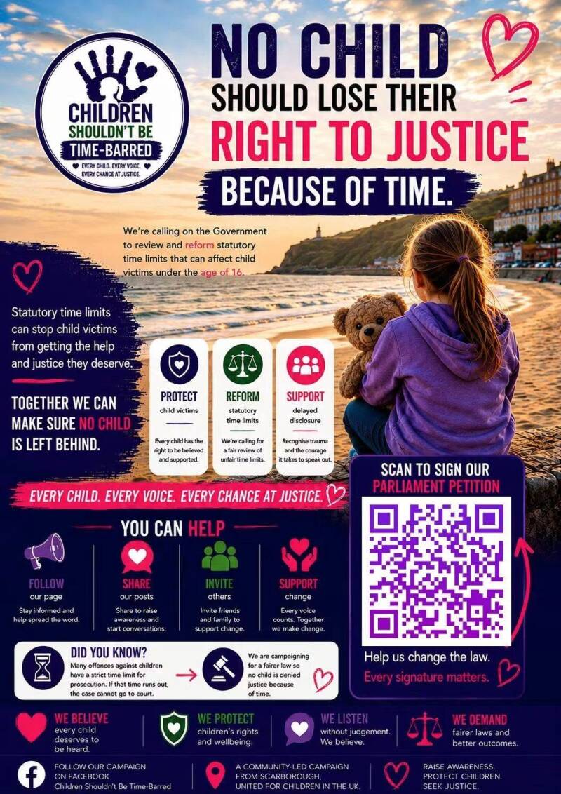 Campaign poster for Children Shouldn’t Be Time‑Barred showing a child with a teddy bear, promoting justice reform for victims under 16.