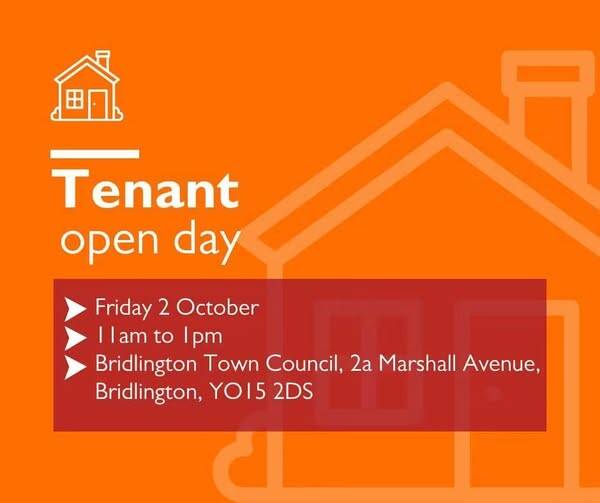 Bright orange poster promoting East Riding of Yorkshire Council’s Tenant Open Day at Bridlington Town Council.