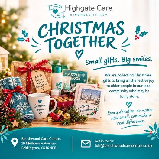 Christmas Together campaign poster from Beechwood Care Centre promoting festive gift donations for older people in Bridlington.