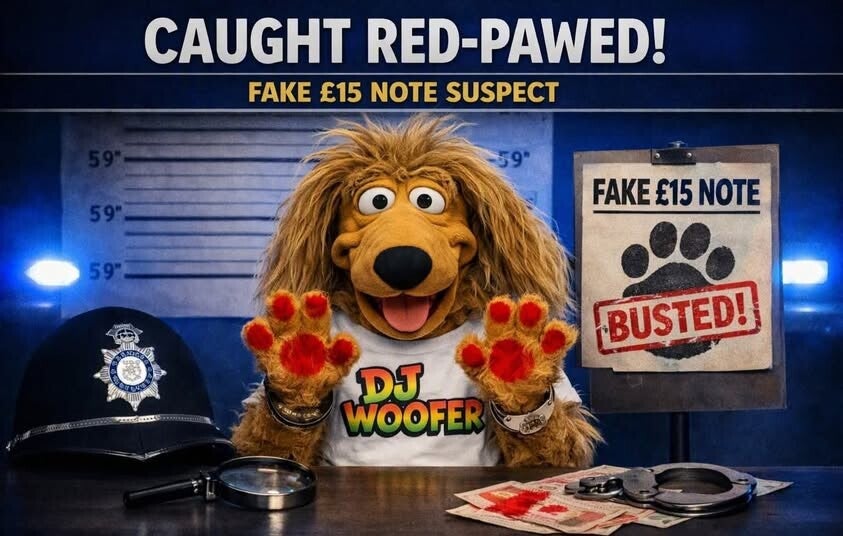 DJ Woofer mascot sitting at a police desk with red‑stained paws, fake £15 notes, and a sign reading “Busted!” under the headline “Caught Red‑Pawed.”