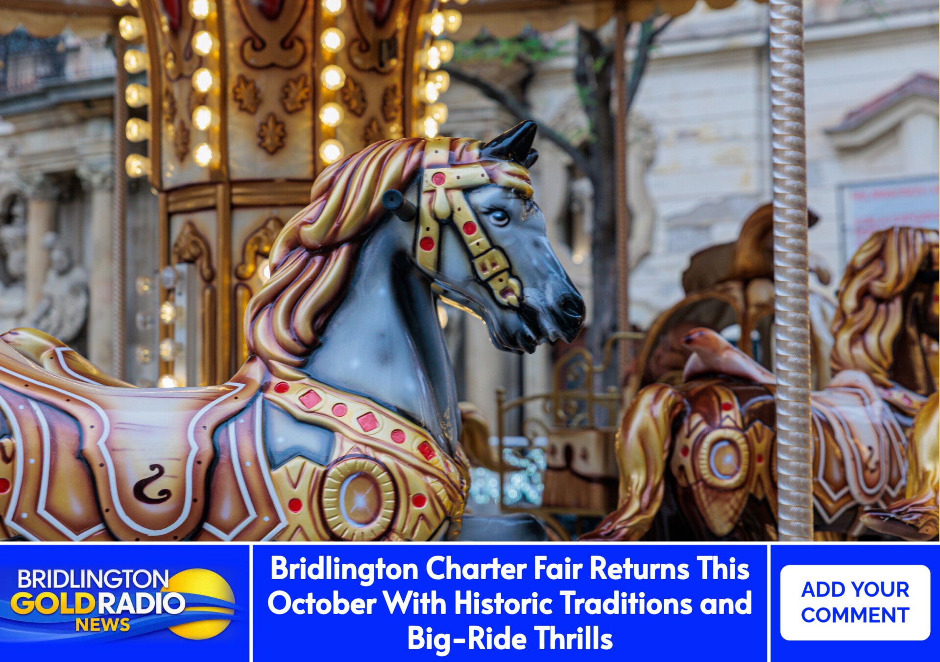 Close‑up of a brightly painted carousel horse with decorative detailing and warm fairground lighting.