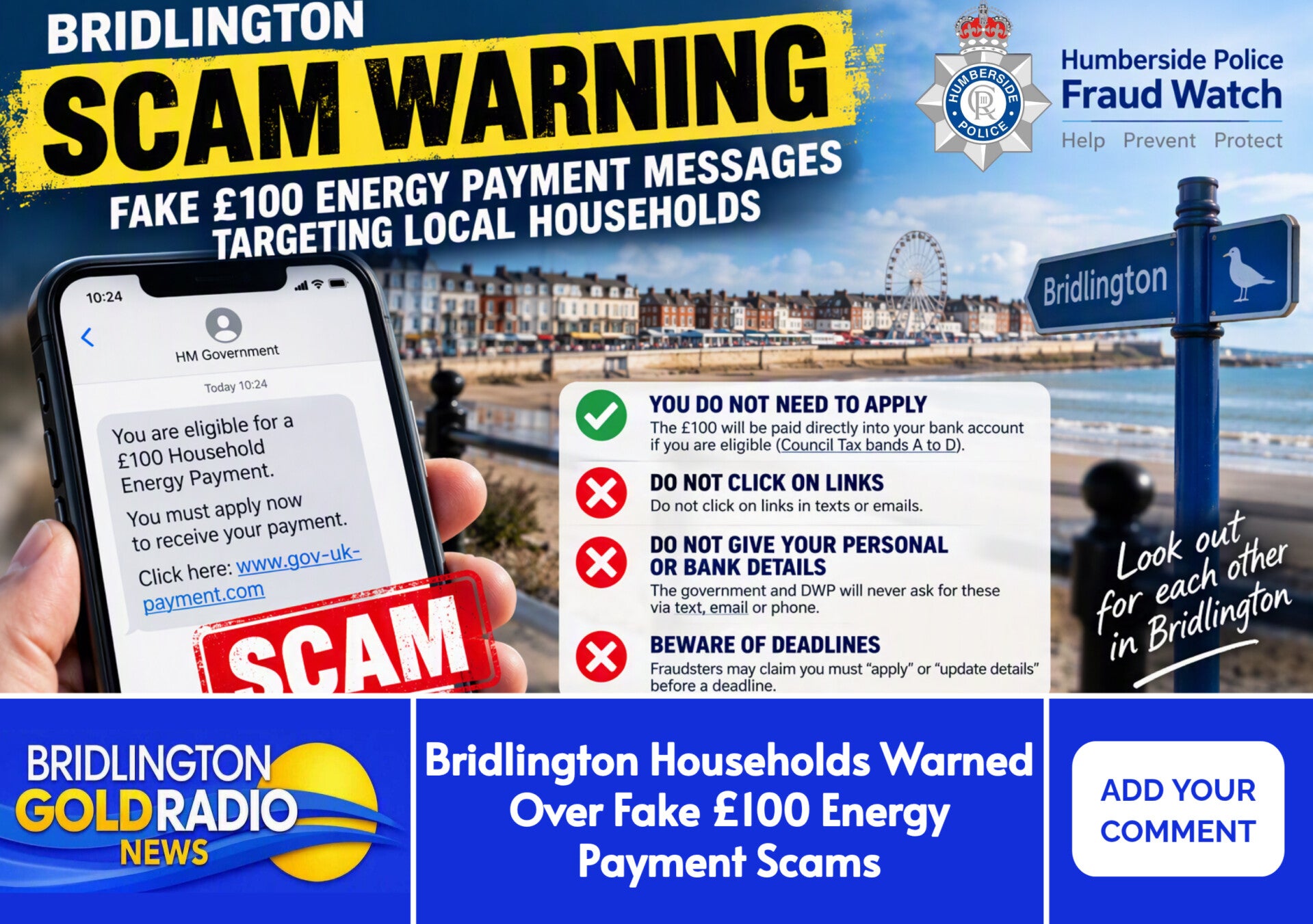 Mobile phone displaying a fraudulent £100 energy payment text message warning for Bridlington residents