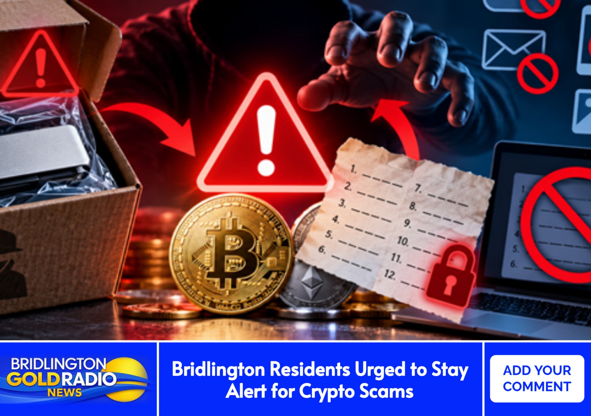 Crypto fraud warning poster showing a compromised hardware wallet, Bitcoin symbol, and police safety logos