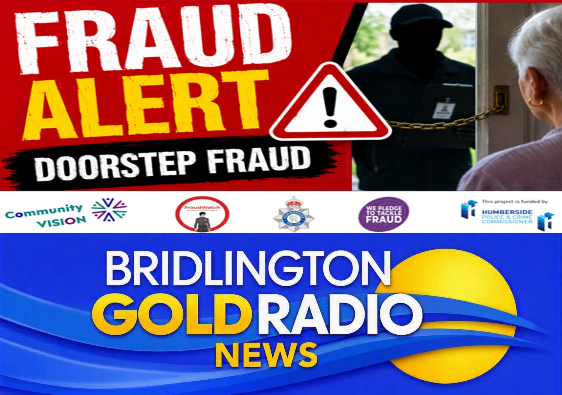 Fraud Alert poster showing a masked doorstep caller and warning signs from Humberside Police and Fraud Watch