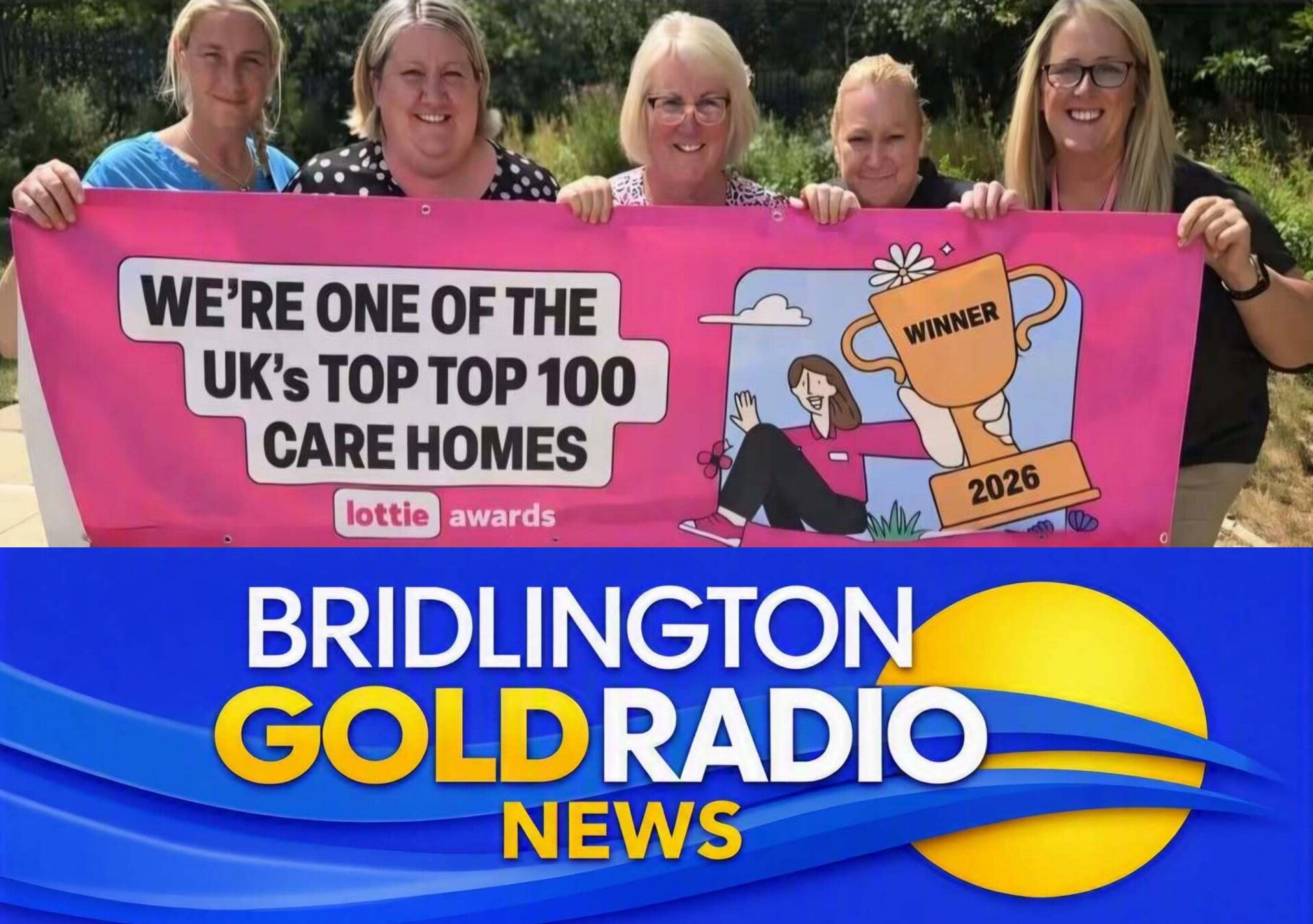 Beechwood Care Centre team holding banner celebrating Top 100 Care Homes recognition at the 2026 Lottie Awards