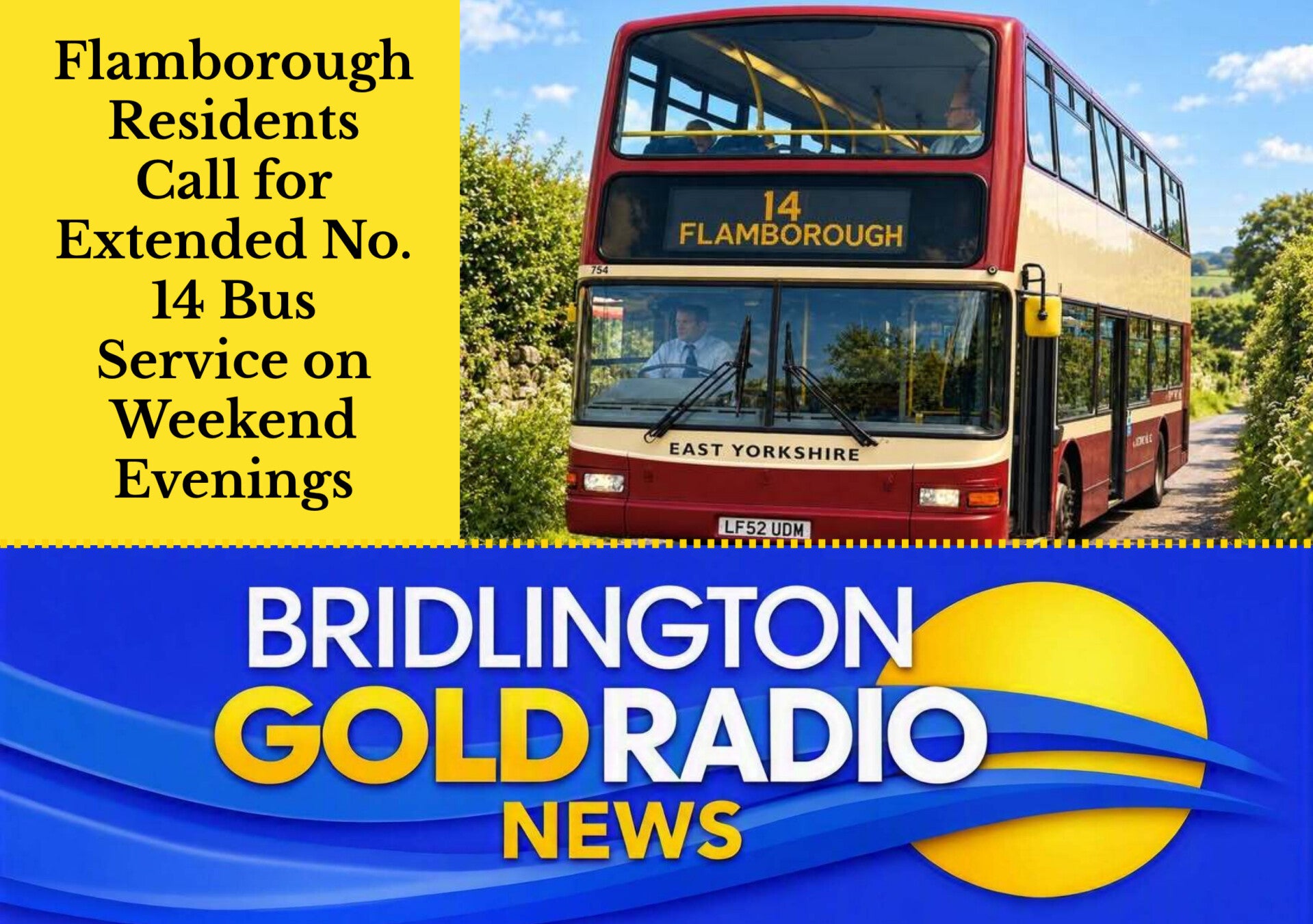 No. 14 bus travelling between Bridlington and Flamborough, highlighting the community’s call for extended evening services.