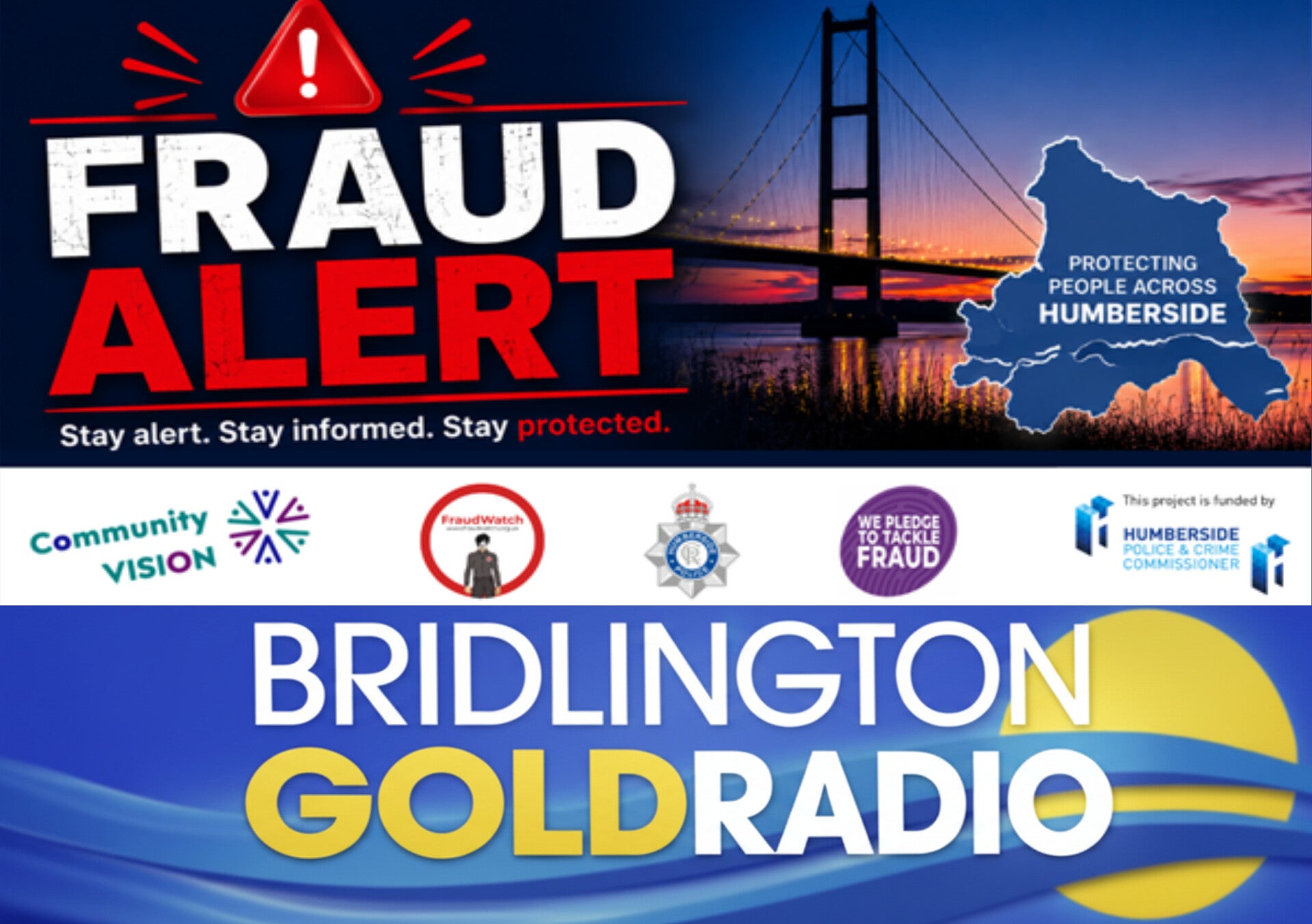Fraud Alert banner showing Humber Bridge and Humberside Police logos warning Bridlington residents about impersonation scams