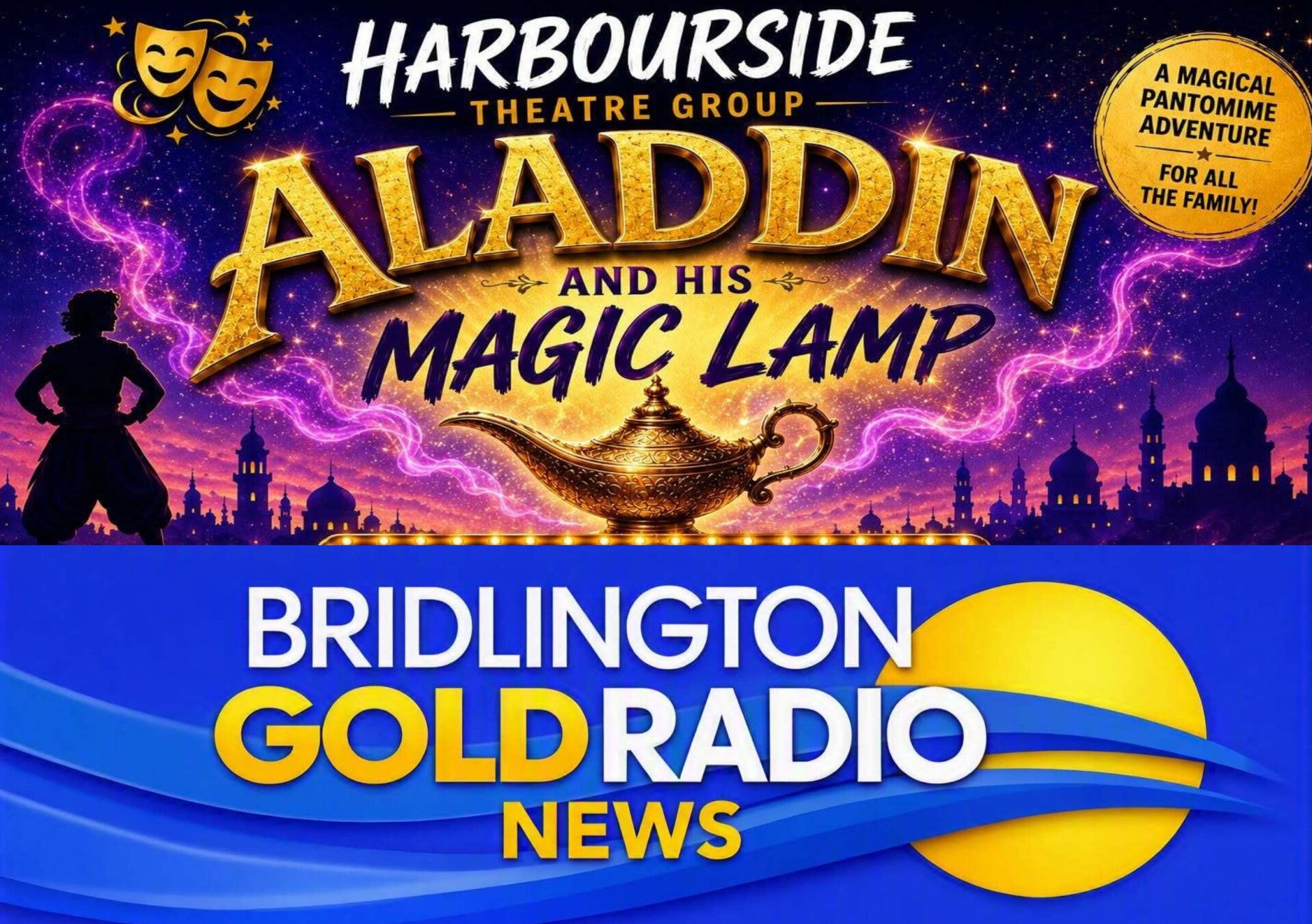 Promotional poster for Aladdin and His Magic Lamp by Harbourside Theatre Group, featuring a golden lamp and Arabian skyline in purple and gold tones.