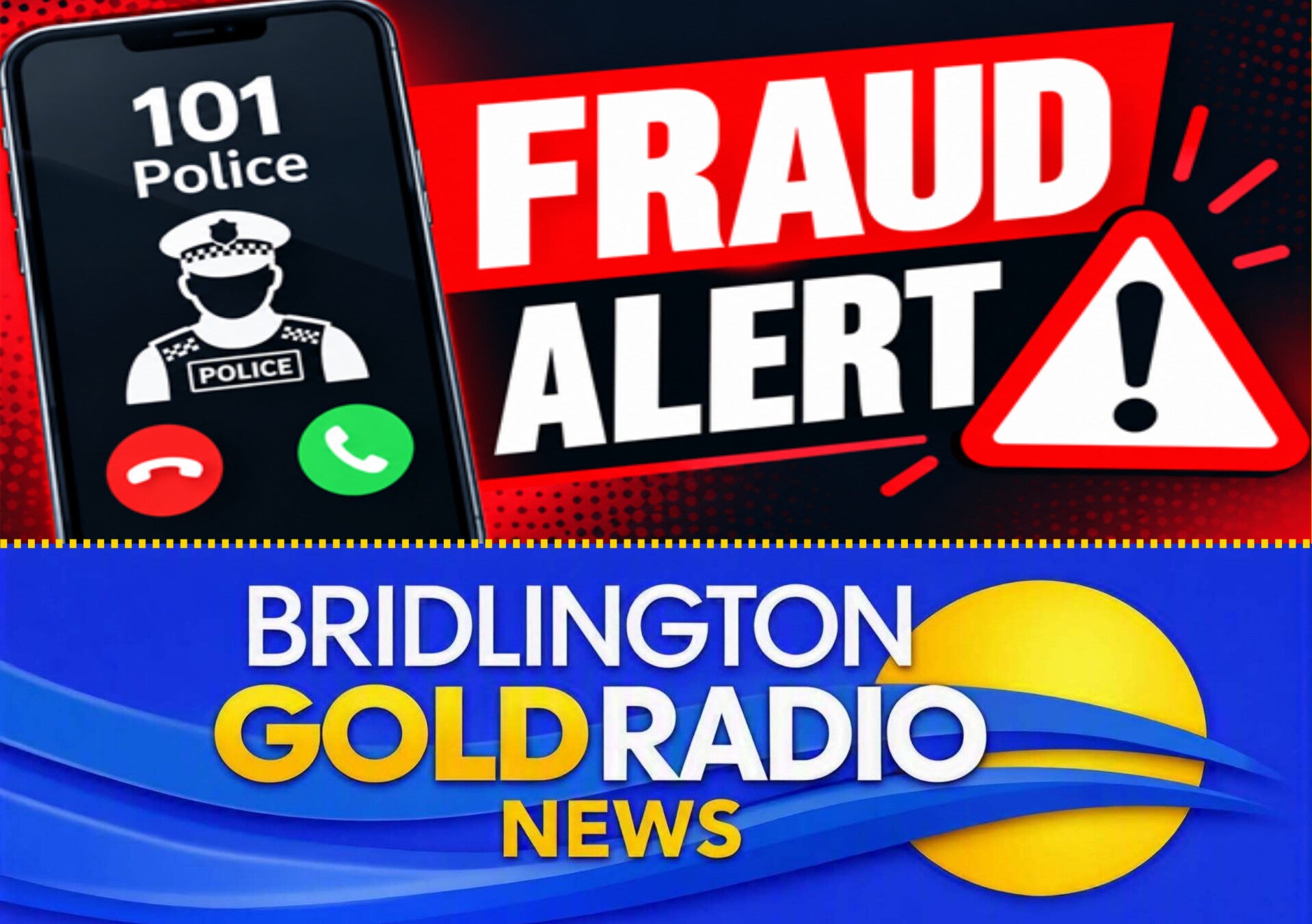 “Phone screen showing fake 101 Police call beside bold Fraud Alert warning.”
