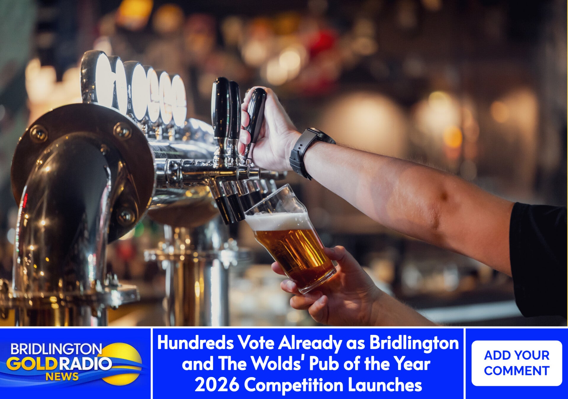 A bartender pours a pint of golden beer from a chrome tap in a warmly lit bar, capturing the atmosphere of Bridlington’s lively pub scene.