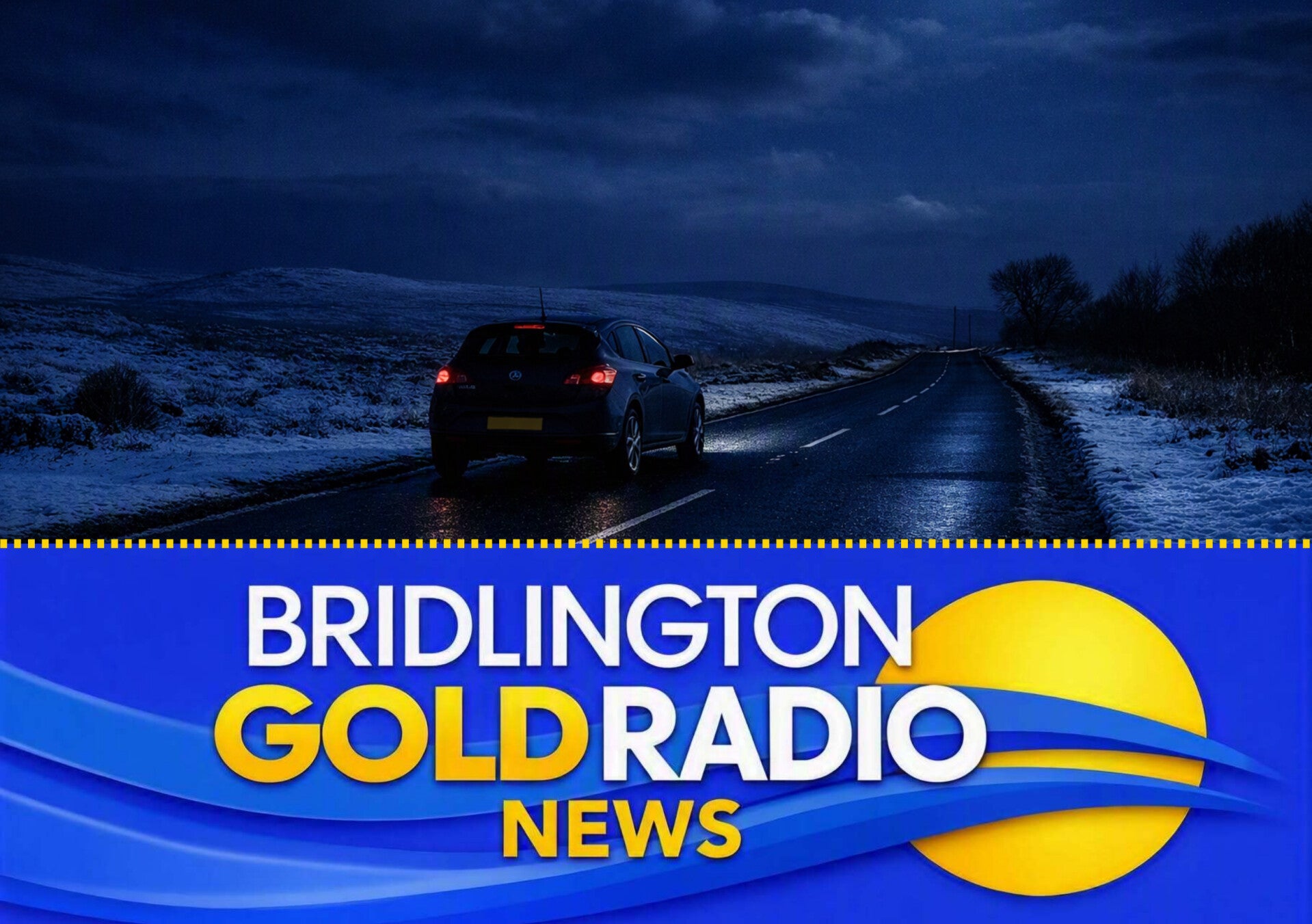 Car driving along a coastal road near Bridlington during early evening with reduced daylight.