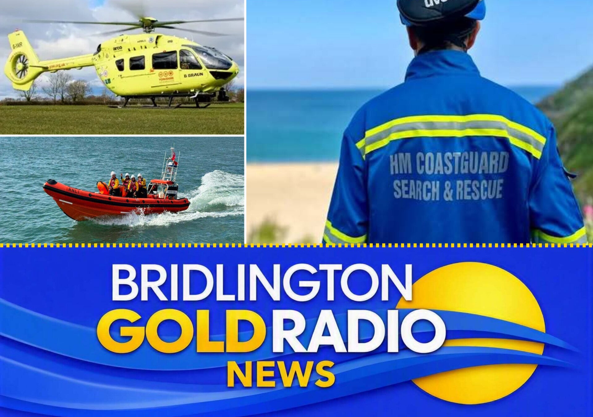 Coastguard , yorkshire air ambulance helicopter and RNLI lifeboat during multi‑agency rescue at Thornwick Bay