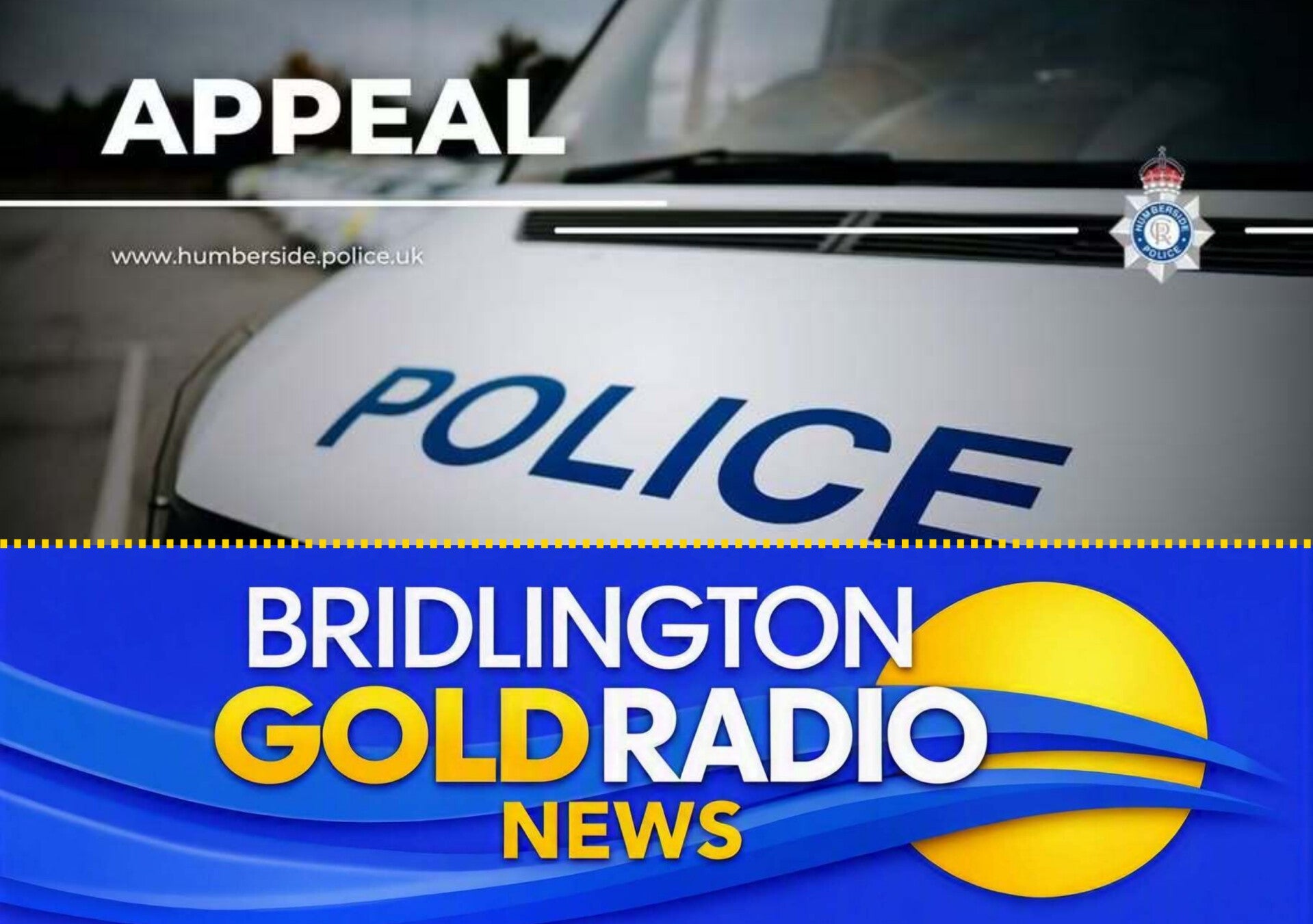 Humberside Police appeal graphic showing the front of a police vehicle with the word “POLICE” on the bonnet
