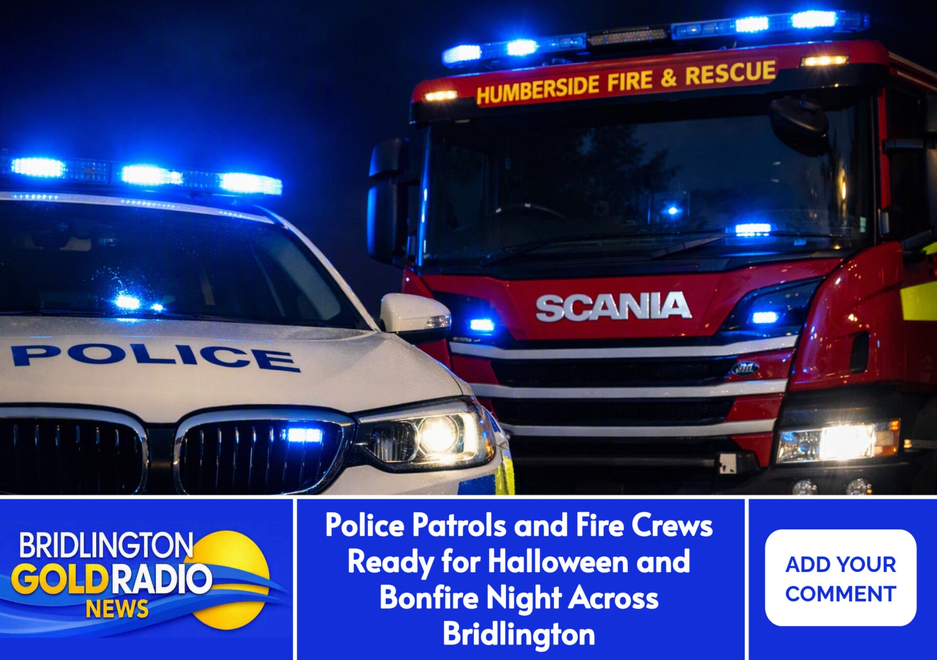 Humberside Police and Fire & Rescue vehicles with blue lights during Halloween and Bonfire Night safety operations in Bridlington