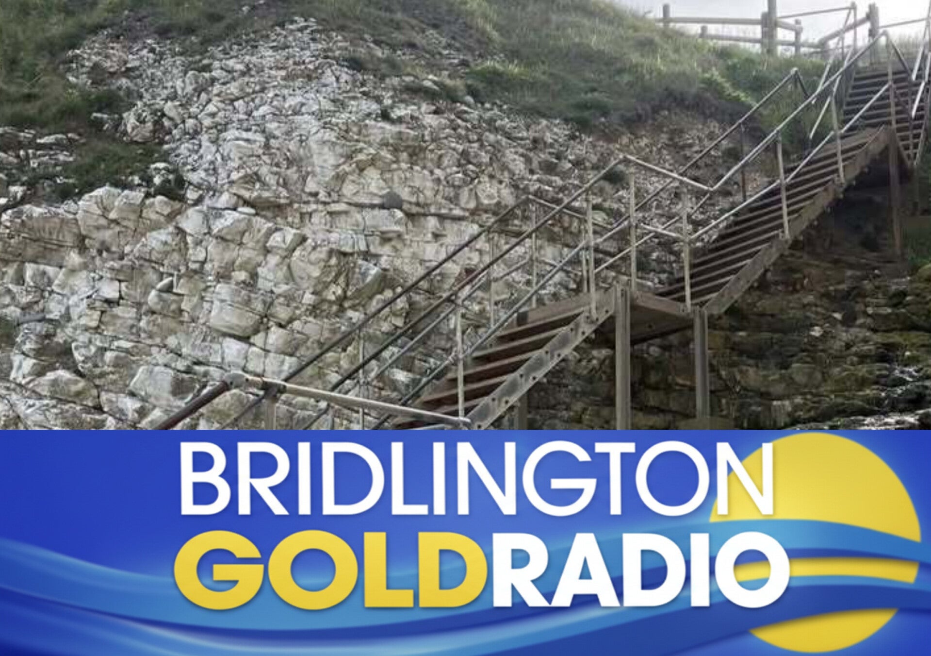 Damaged metal steps at Selwicks Bay with closure barrier and warning signs at the cliff‑top entrance