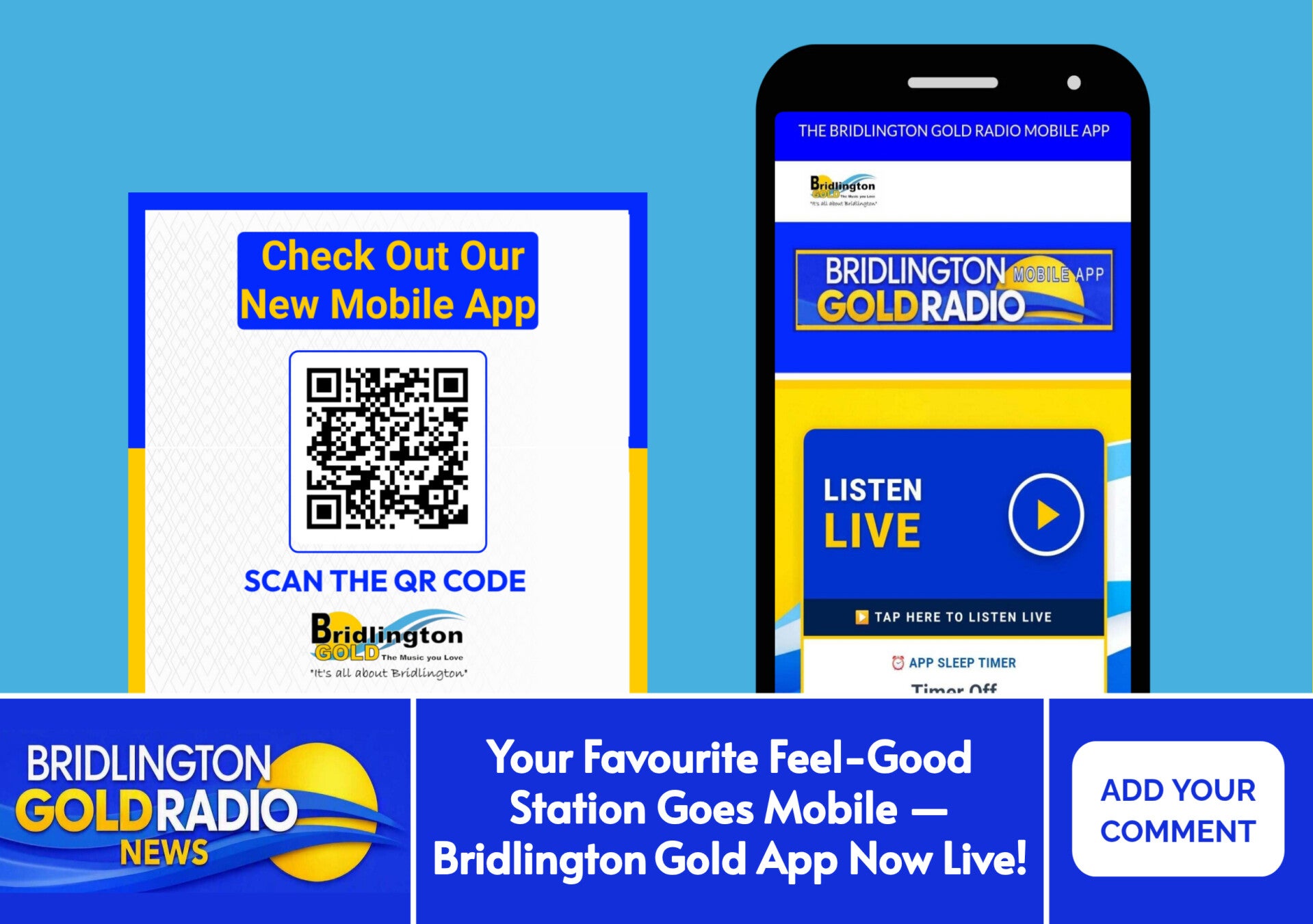  Bridlington Gold Radio Mobile App promo graphic with QR code and Listen Live screen