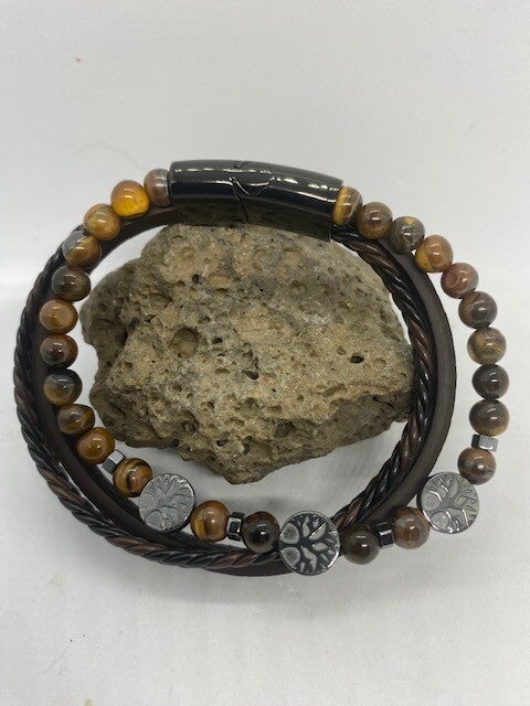 Bracelet Koru cuir brun Oeil de tigre