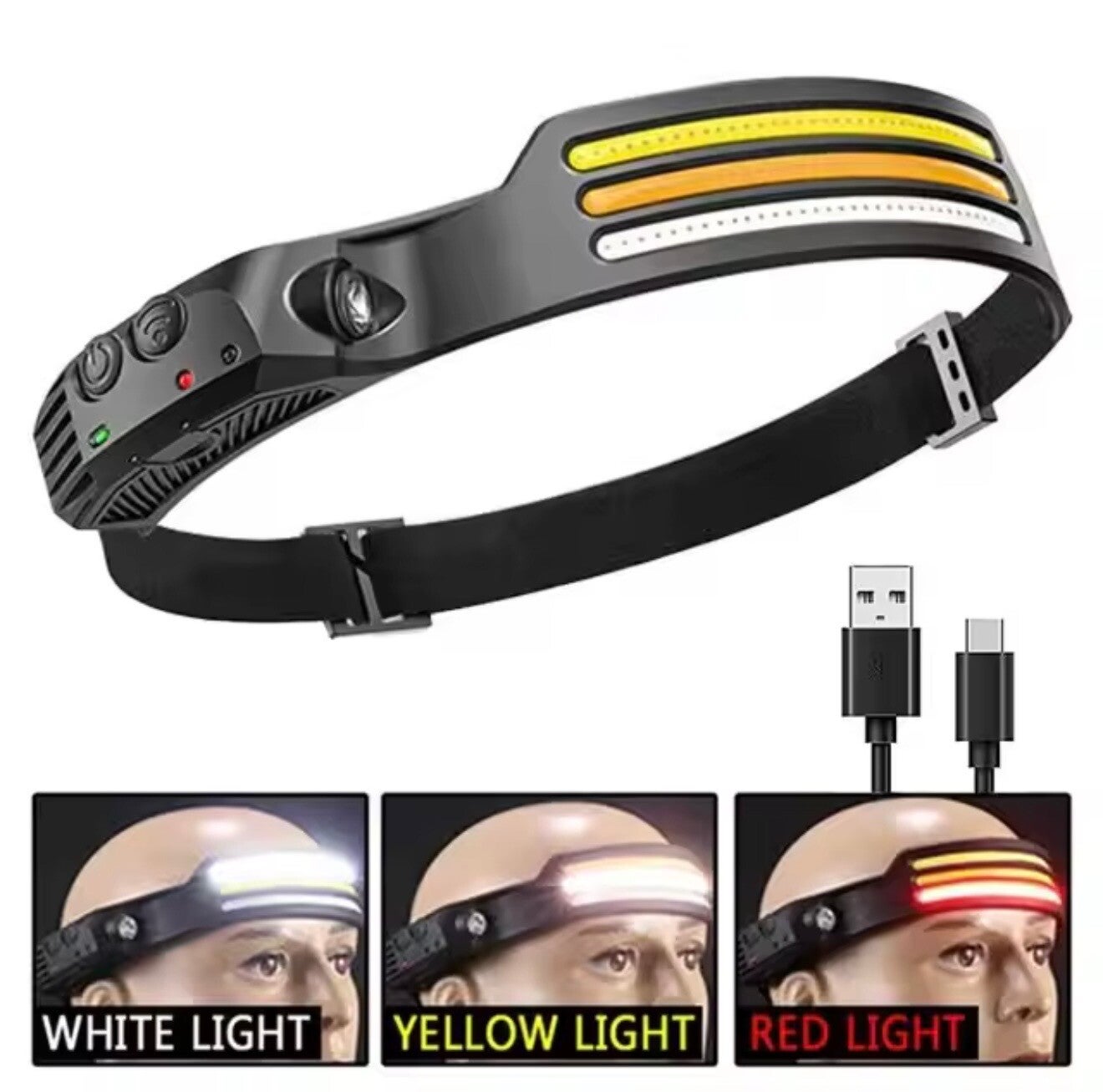 Lampe frontale LED rechargeable – lumière blanche, jaune et rouge – large éclairage