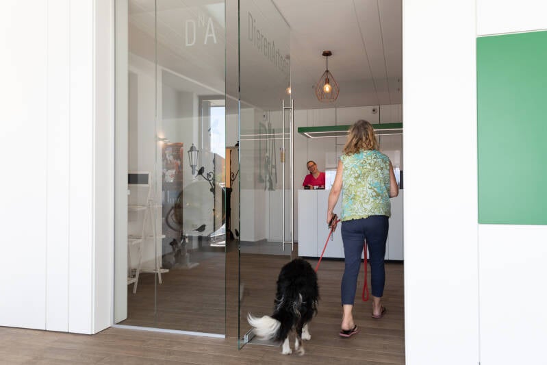 vrouw met hondje gaat binnen bij dierenarts.jpg