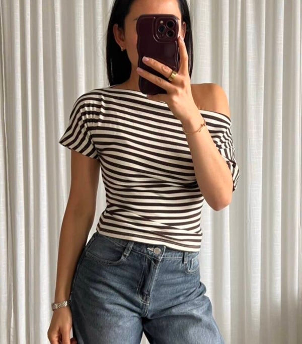 Nova Off-Shoulder Top Brown & Off White