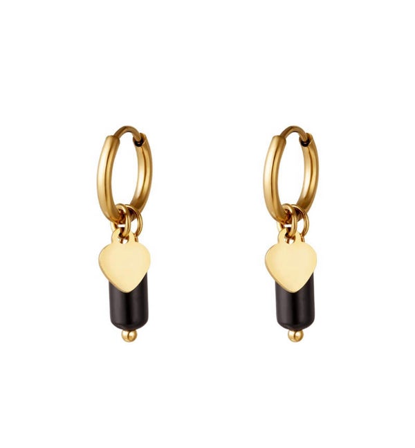 Earrings Heart and Stone Black and Gold