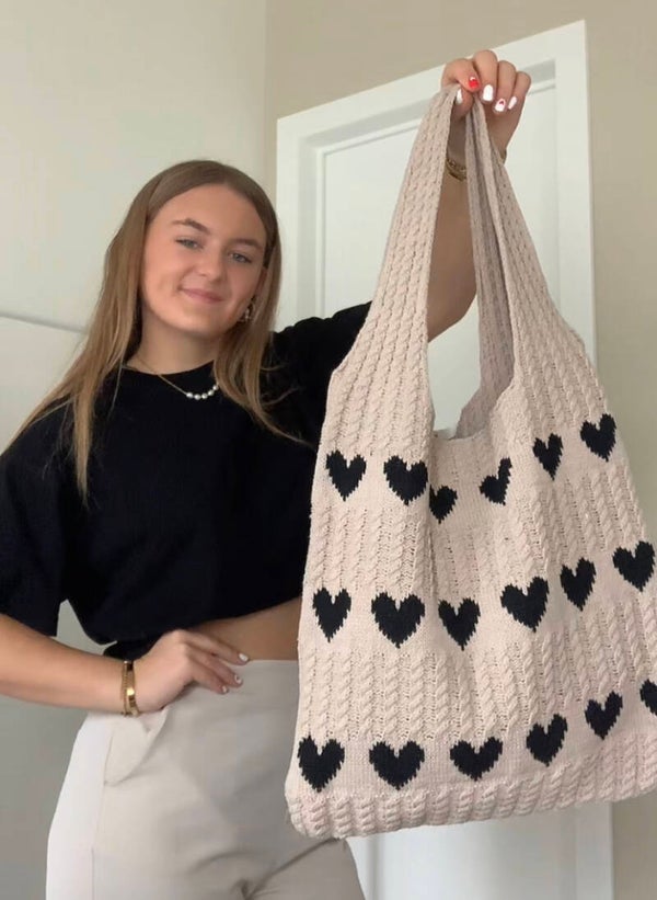 Heart Tote Bag Beige and Black