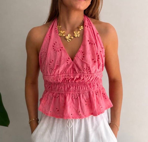 Lea Halter Blouse Coral