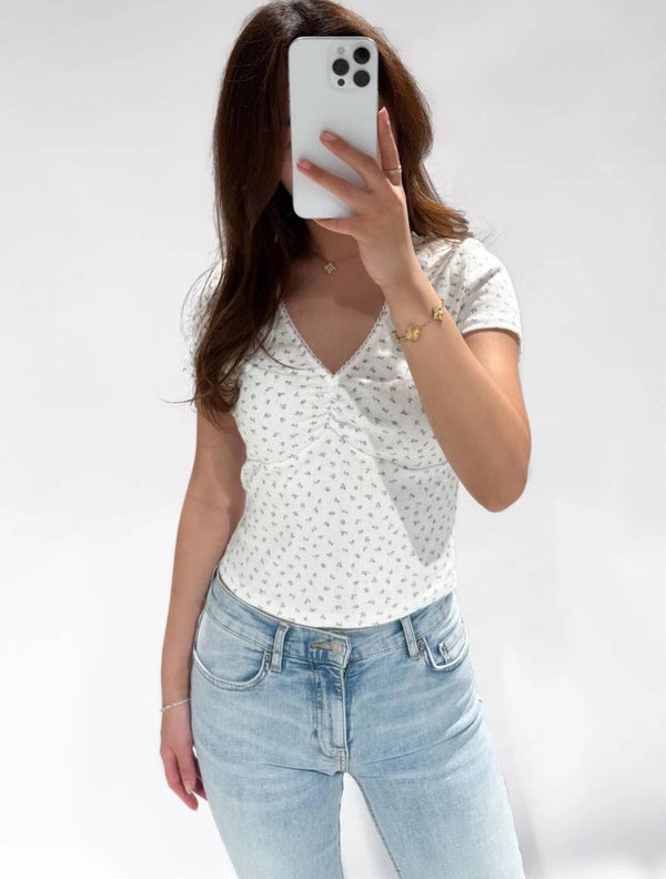 Top Pointelle Floral White