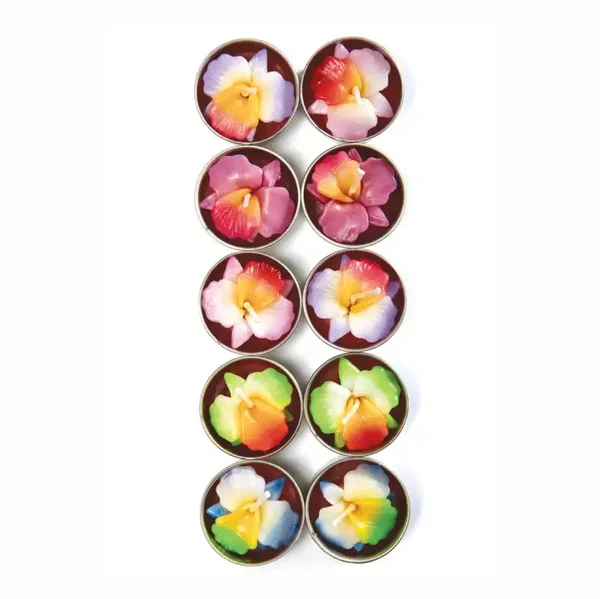 Förpackning med 10 tealight-ljus formade som lotusblommor i blandade färger