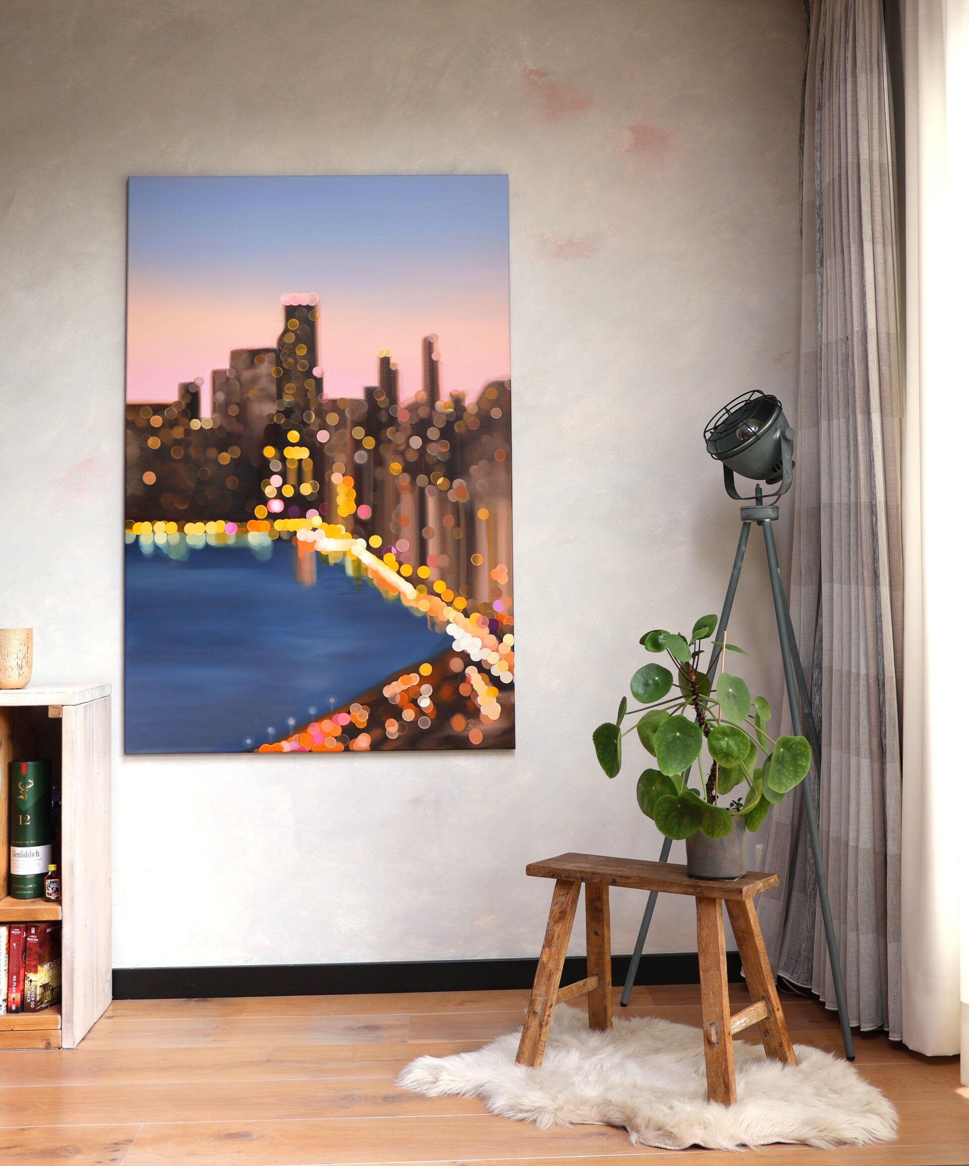 Schilderij van Chicago skyline in bokeh stijl in pastel zonsopgang kleuren op groot formaat