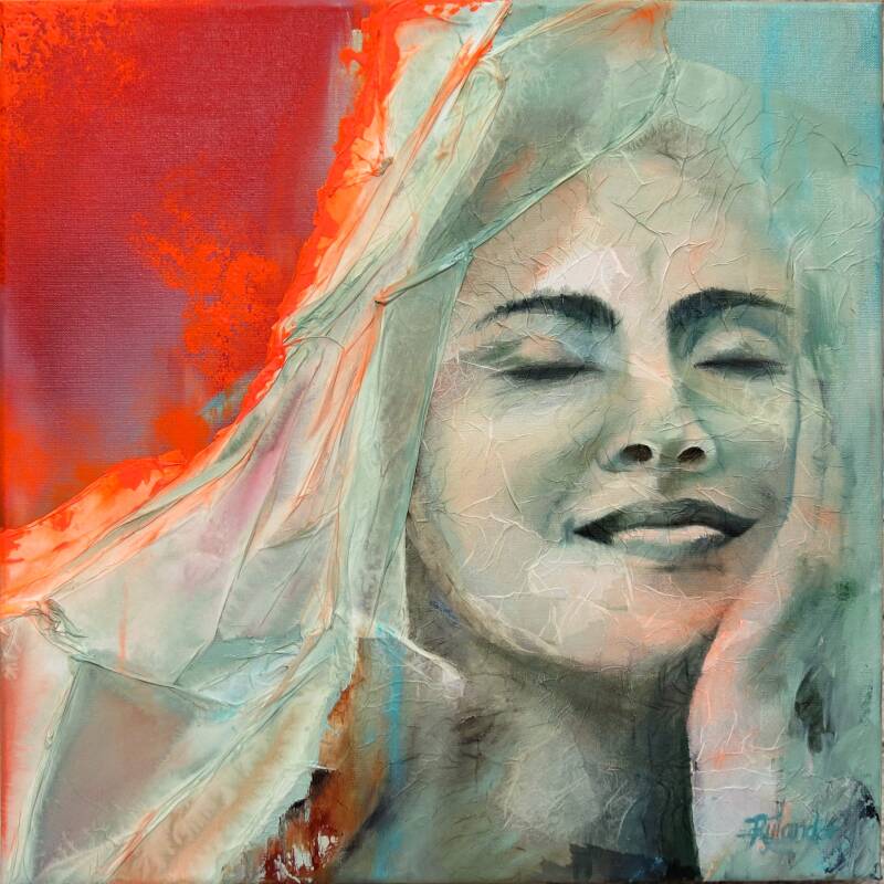 blauw schilderij vrouw met doek