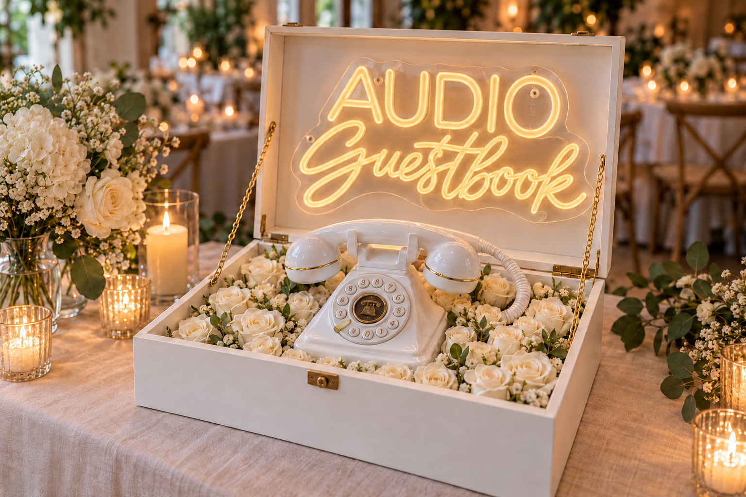 Wit audio gastenboek met rozenbodem en verlichte AUDIO Guestbook-sign