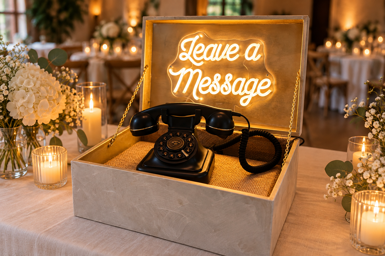 Audio gastenboek met zwarte telefoon en Leave a Message-koffer