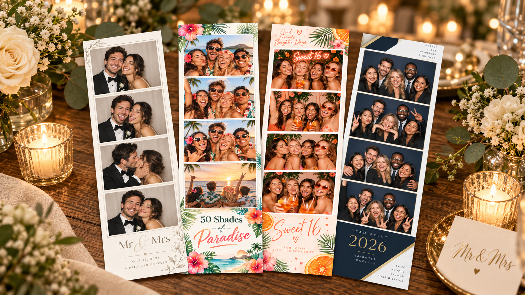 Voorbeelden van gepersonaliseerde fotostrookjes voor huwelijk, verjaardag en bedrijfsevent